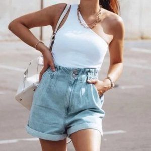 NWT Zara Light Wash Mom Paperbag Hi-Rise High-Waisted Denim Shorts USA Size 10